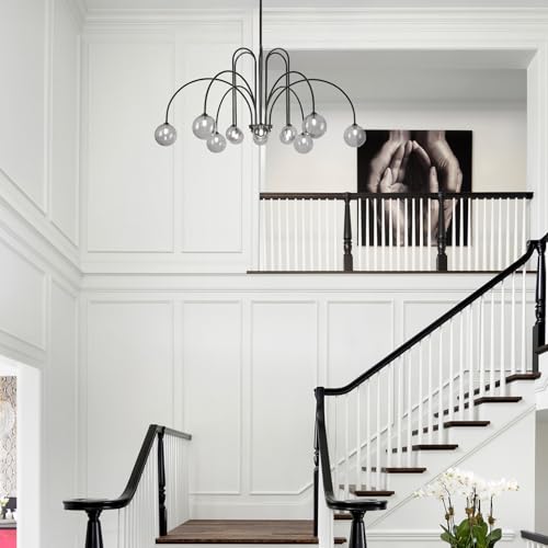 Black Sputnik Chandelier with Smoke Glass Globe 12 Lights L52 Inch