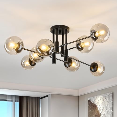 8 Light Sputnik Chandelier with Glass Globe Mid Century Modern Black Ceiling Light Fixture Large Flush Mount Chandelier for Dining Room Bedroom Living Room Kitchen