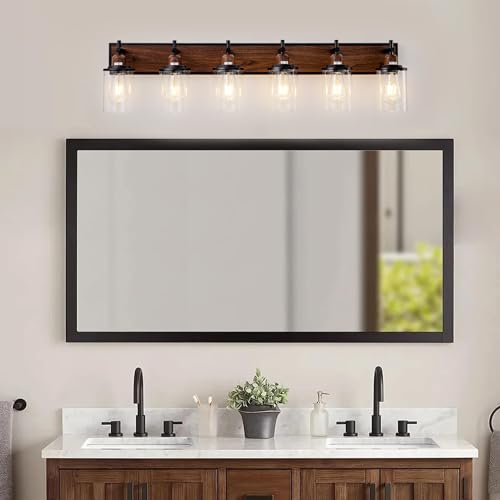 6 Light Farmhouse Bathroom Light Fixtures Vintage Bathroom Vanity Lights Over Mirror Black and Wood Painted Metal Vanity Light for Bathroom with Glass Shades E26 Socket