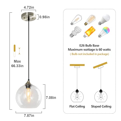 Clear Glass Pendant Lights Kitchen Island Lighting Globe Pendant Light Fixtures Modern Pendant Lighting for Kitchen Island Bedroom Living Dining Room Light Fixture