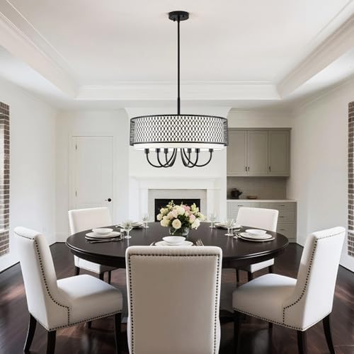 21.65" 6 Lights Large Black Chandelier with Drum White Shades