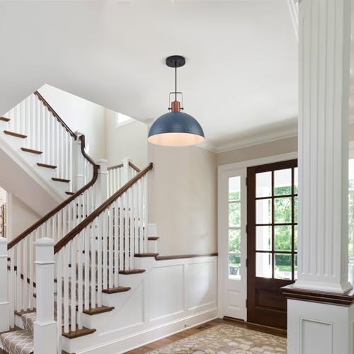 16 Inch Blue Pendant Lights Hammered Matte Pendant Lights for Kitchen Island Industrial Farmhouse Adjustable Height Dome Hanging Light Fixtures for Barn