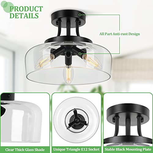 Modern Industrial Semi Flush Mount Ceiling Light with Clear Glass Shade