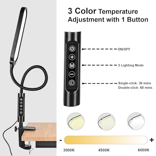 LED Manicure Table Lamp for Nail Techs 360°Adjustable Gooseneck Arm Professional Nail Desk Light Dimmable 3 Color Temps for Gel Nails Art