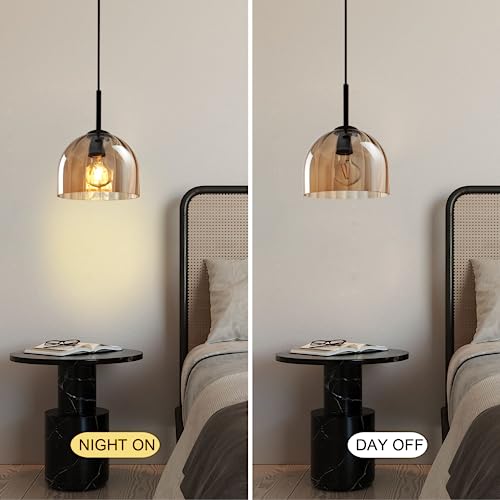 Amber Ribbed Glass Pendant Light Kitchen Island 7.8Inch Black Hanging Lamp
