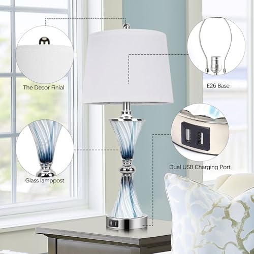 3 Way Dimmable Touch Glass Table Lamps for Bedrooms with 2 USB Ports Set of 2 Coastal Beach Bedside Lamps for Contemporary Modern Night Stand Lamps with 2 LED Bulbs for Lighting Decor (2 Count)