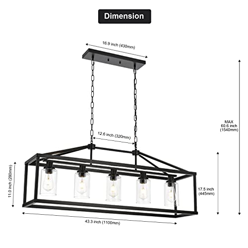 Kitchen Island Lighting 5 Light Modern Farmhouse Metal Cage Chandeliers with Clear Glass Shade Black Industrial Rectangle Dining Room Light Fixture Hanging Pendant Lamp for Foyer Bar Entryway