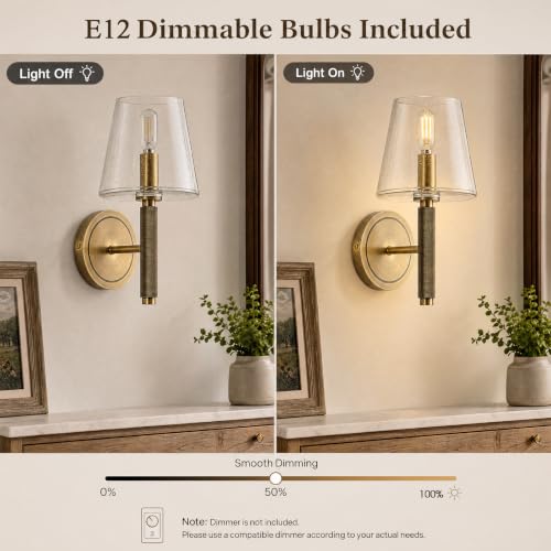12" Knurled Brass Wall Sconce with Clear Seeded Glass Shade