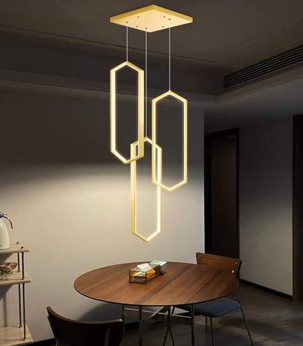 3 Rings Dimmable Pendant Lighting Adjust LED Chandelier Ceiling Light Fixtures for Kitchen Island Dining Room Living Room Bedroom Gold