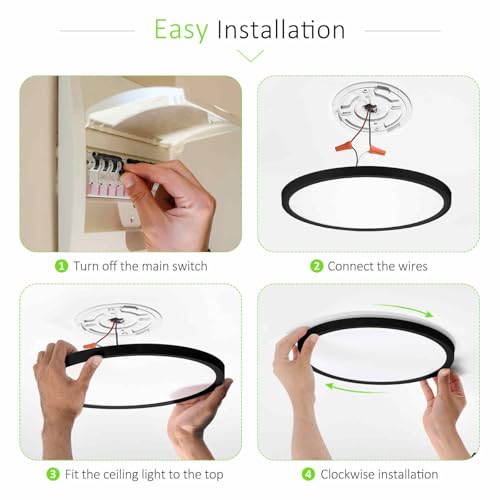 LED Flush Mount Ceiling Light 12in Thin 3CCT Black Wired