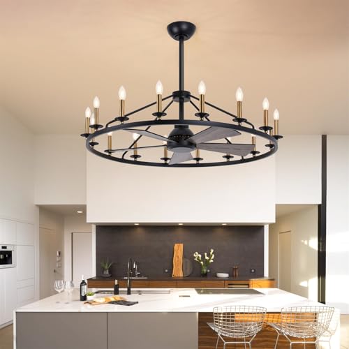 44" Black+Gold Wagon Wheel Chandelier with Fans