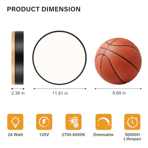 Dimmable LED Wood Black Round Flush Mount Ceiling Light 11.81 Inch