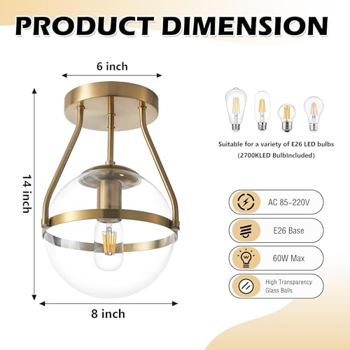 8 Inch Mid Century Ceiling Light Modern Gold Semi Flush Mount Ceiling Light with Clear Glass Shade Globe Semi Flush Mount Ceiling Light Fixture for Bedroom Hallway Bathroom Foyer