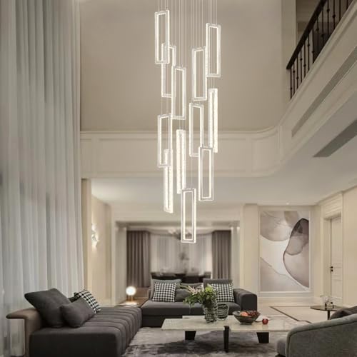 H158 Crystal Rectangle Chandelier 12 Ring Chandeliers for High Ceiling Gold Large Pendant Lighting High Ceiling Light for Living Room Staircase Foyer