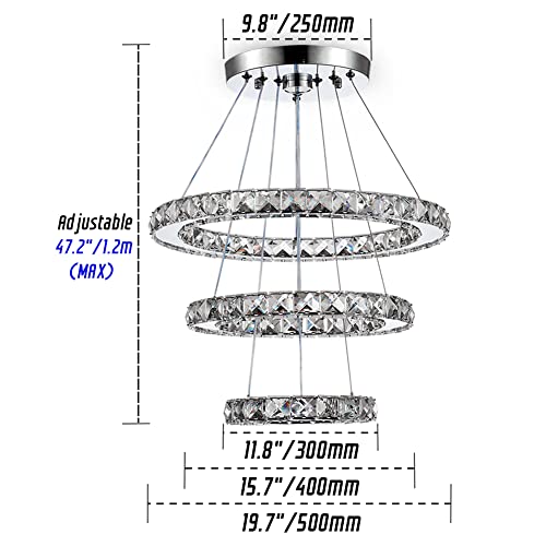 3 Ring Crystal Chandelier Adjustable LED Pendant Cool White