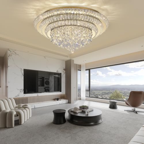 30" Gold Crystal Flush Mount Chandelier Modern LED Ceiling Light Fixture