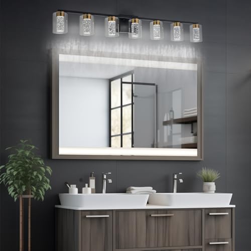 7 Light Black and Gold Vanity Light with 3 Color Modes