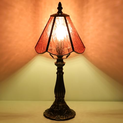 Small Tiffany Table Lamp Pink Bark Pattern Style Stained Glass Desk Lamps 6X6X14 Inch Bronze Resin Base Antique Mini Accent Light