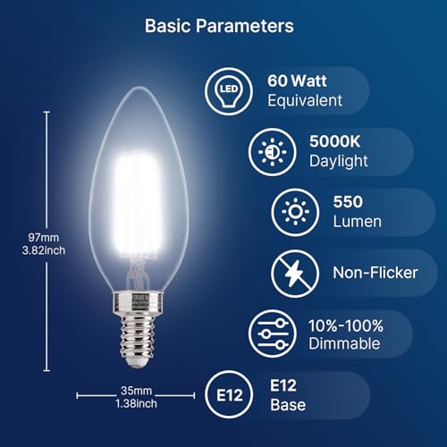 5000K Daylight 60W Equivalent Dimmable LED Candelabra Bulbs (12 Count)