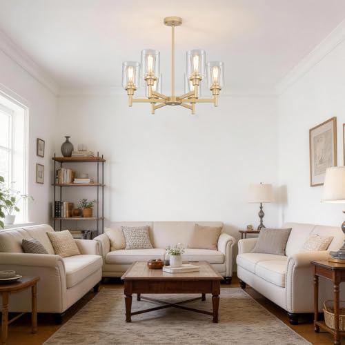 6 Light Gold Farmhouse Chandeliers for Dining Room Light Fixture 25"