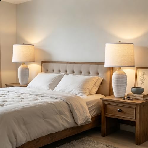 25" Vintage Ceramic Table Lamp for Bedroom Living Room (Retro Beige)
