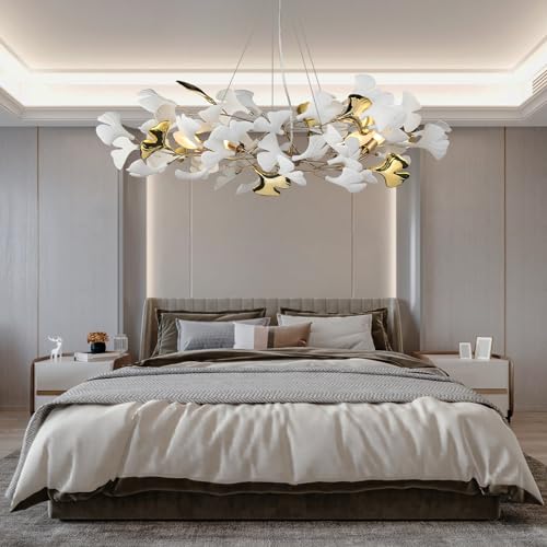 L31.5 Inch Branch Chandelier Ceramic Ginkgo Leaf Chandeliers Brass Hanging Lights Fixtures for Dining Room Living Room Kitchen Island