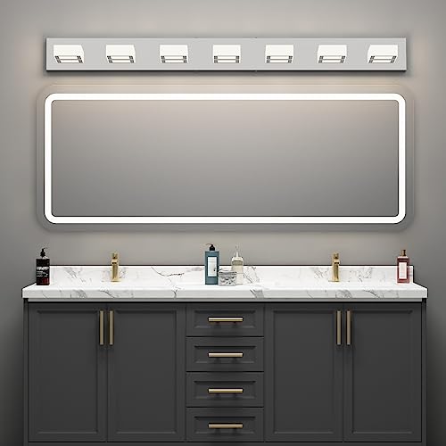 46" LED Chrome Vanity Lights 7 Lights Acrylic Stainless Steel LED Modern Vanity Lights Chrome Bathroom Lighting Fixtures Over Long Mirror