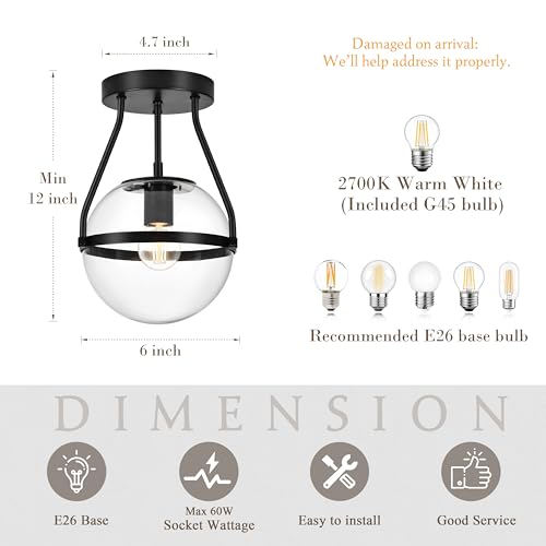 6" Globe Semi Flush Mount Ceiling Light Fixture Modern Black Semi Flush Mount Ceiling Light Mid Century Ceiling Light With Clear Glass Shade Matte Black Finish for Hallway Bathroom