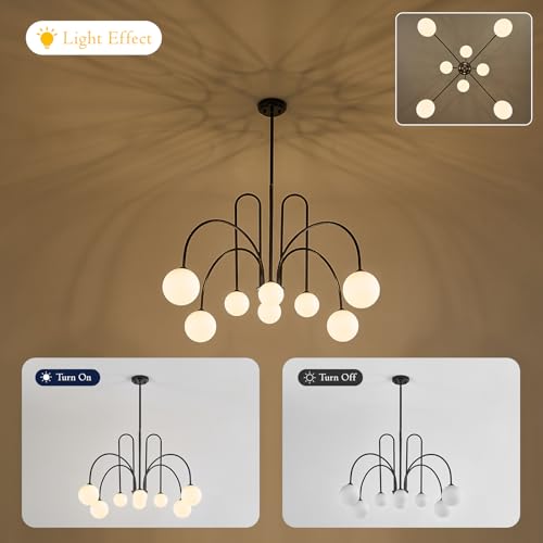 Black Sputnik Chandelier with Milk Glass Globe 8 Lights L41 Inch