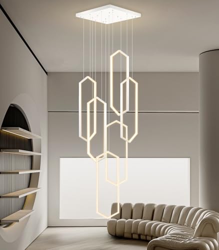 Modern Chandelier LED Dimmable Light for Staircase Living Room Entrance High Ceiling Chandeliers with Remote Control for Villa Foyer White