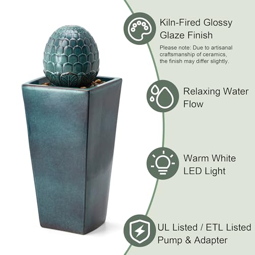 35.75" H Tall Ceramic Outdoor Water Fountain with LED Light Oversized Artichoke Pedestal Fountains with Submersible Pump Patio Fountain Waterfall for Garden Patio Deck Porch