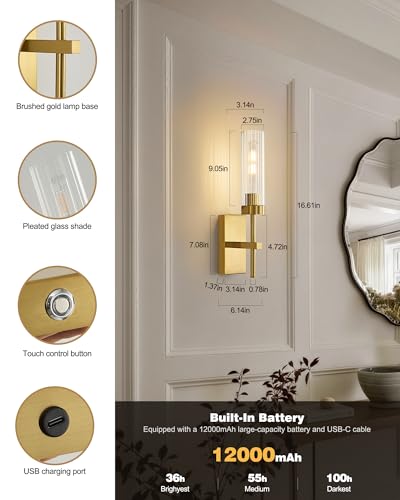 Gold Battery Operated Wall Sconce Set of 2 with Remote