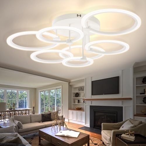Modern LED Ceiling Light Dimmable Ceiling Light Fixtures with Remote 7 Rings White Close to Ceiling Lights 31.8" 130W 3000K