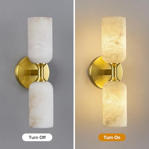 Natural Alabaster Wall Sconces Modern Gold Wall Lamp 14in Milky White Alabaster Vanity Wall Lighting for Bedroom Bathroom Staircases Hallway（Included G9 Bulb