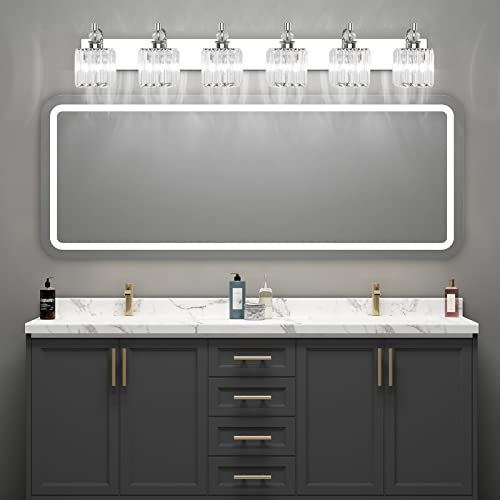 Crystal Vanity Light 6 Light 48''Modern Chrome Bathroom Vanity Lighting Over Long Mirror Crystal Bathroom Wall Lighting Fixtures