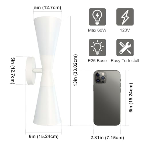 Modern Indoor Wall Sconces Set of 2 Up and Down White Wall Sconces Mid Century Indoor Wall Light Fixture Hardwired Wall Mounted Lamp for Living Room Bathroom Bedroom Hallway 13 Inch (2 Count)