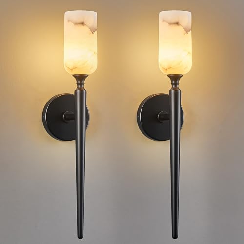 Natural Alabaster Wall Sconce Modern Black Wall Sconces Set of Two Bathroom Sconce Wall Decor Antique Marble Sconces Wall Lighting for Bedroom Living Room Entryway Hallway Staircase (2 Count)