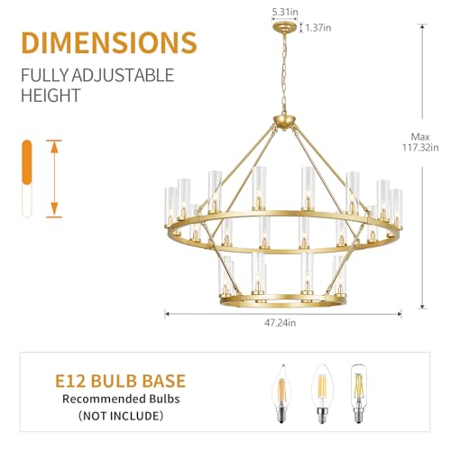 48 Inch Large Gold Wagon Wheel Chandelier with Clear Glass Shade 2 Tier 24