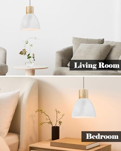 3 Pack White Hammered Pendant Lights for Kitchen Island 7” Small Nordic Solid Wood Hanging Light Fixtures (3 Count)