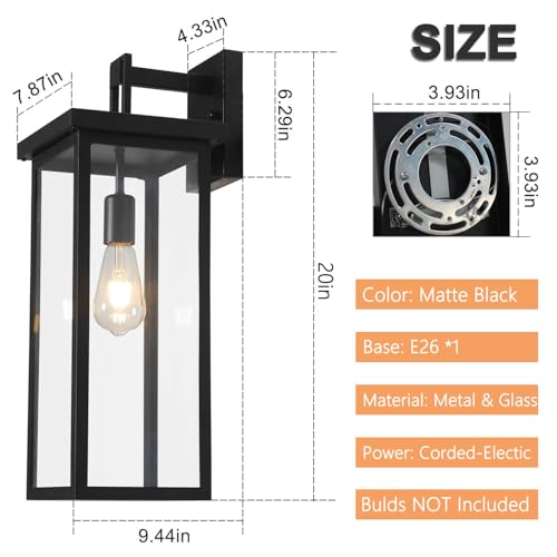 20'' Outdoor Wall Lantern Dusk Dawn Large Black Exterior Porch Light