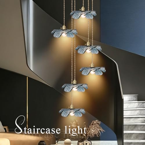Foyer Chandelier for High Ceilings long Blue Floral pendant light Mid Century Glass Hanging Ceiling light Brushed Gold Flush Mount Ceiling Chandeliers for Staircase Entryway Living