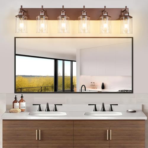 6 Light Bronze Bathroom Light Fixtures Over Mirror