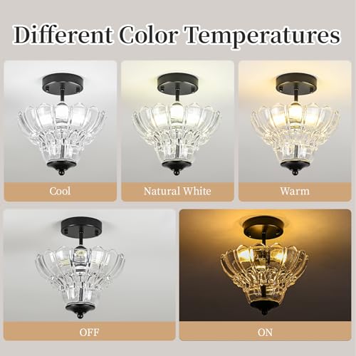 Black Semi Flush Mount Light with Floral Class Shade (Black)