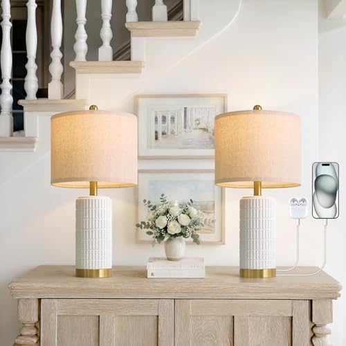 21.5'' Stone Like Bedside Table Lamps Set of 2 for Bedroom with 2 USB A+C (2 Count)