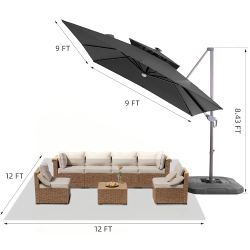 9x9 FT Cantilever Offset Patio Umbrella with Lights & Base
