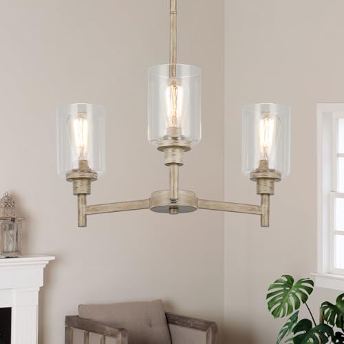 3 Light Fake Wood Rustic Chandeliers for Dining Room with Clear Glass Cover