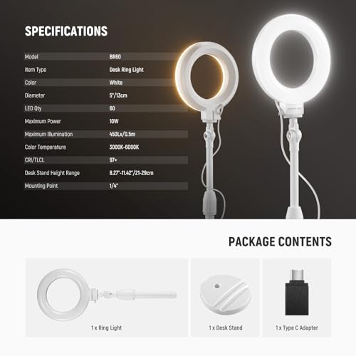 BASICS 5" 13cm Desk Ring Light with Stand