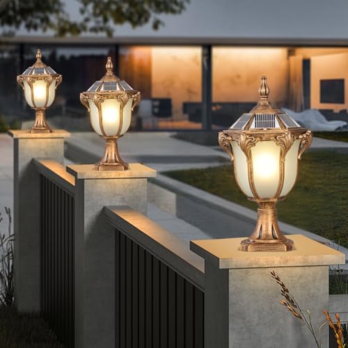 2 Packs Solar Pillar Lamps 18.1In Outdoor Post Caps Light Solar Power Post Lighting Bronze Column Lamps with Glass Waterproof Landscape Lighting Fence Deck Bollard Light Mailbox Yard Path Lamp