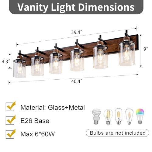 6 Light Farmhouse Bathroom Light Fixtures Vintage Bathroom Vanity Lights Over Mirror Black and Wood Painted Metal Vanity Light for Bathroom with Glass Shades E26 Socket