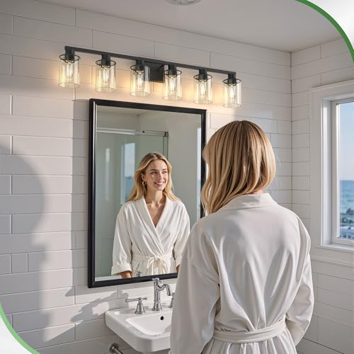 6 Light Black Bathroom Vanity Light Fixture Over Mirror